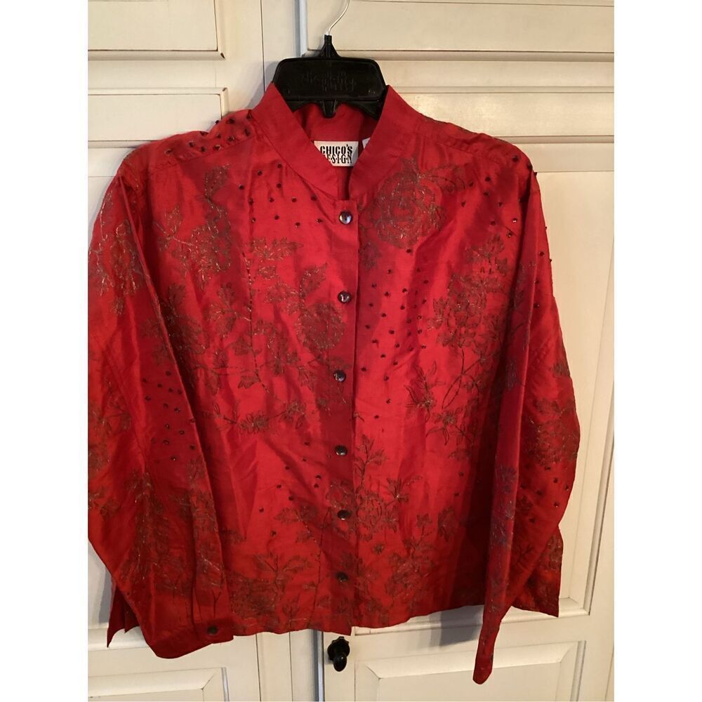 Chico’s Design 100% Silk Button Up Jacket Kimono Sz 1 (8/10)Red Embroidered